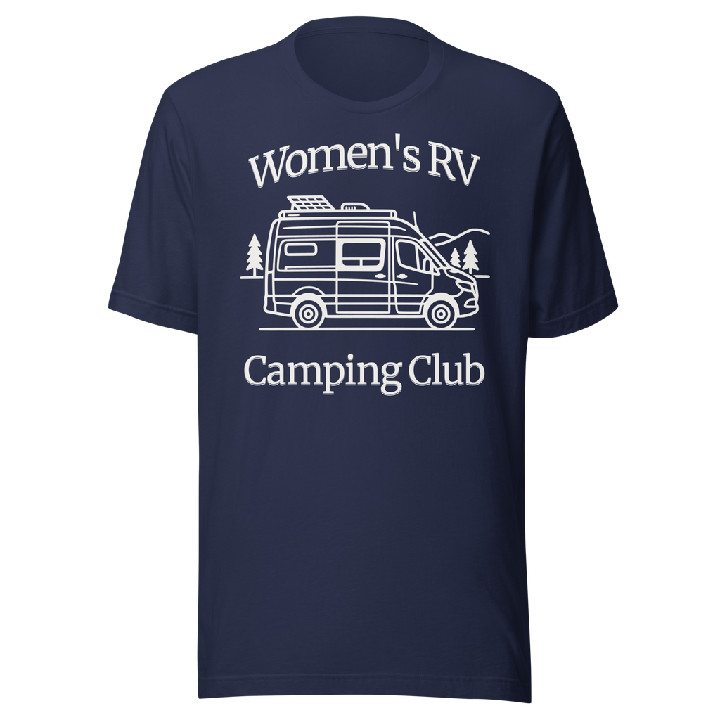 Navy blue t-shirt with 'Women's RV Camping Club' white ink . Club style with rv/ van in center. Large full front  print on soft Bella + Canvas cotton.