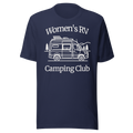 Navy blue t-shirt with 'Women's RV Camping Club' white ink . Club style with rv/ van in center. Large full front  print on soft Bella + Canvas cotton.