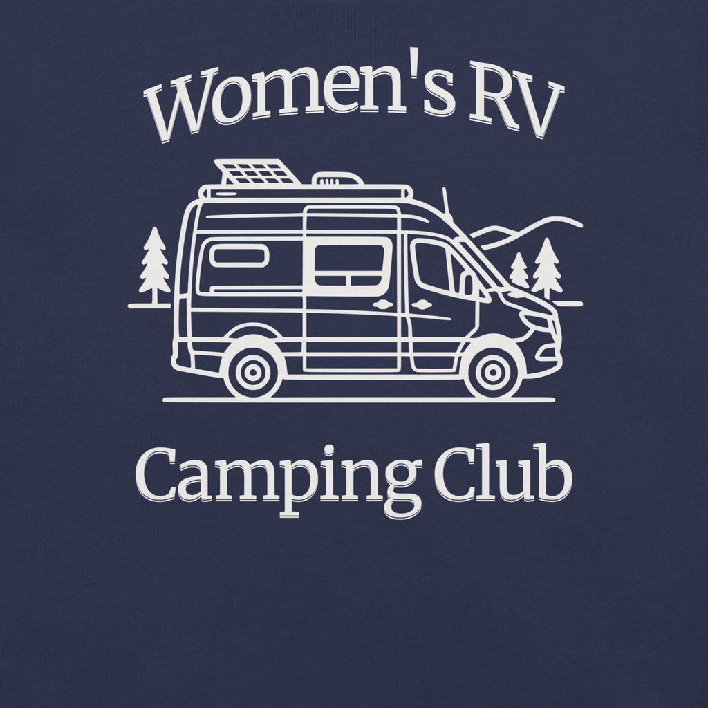 Navy blue t-shirt with 'Women's RV Camping Club' white ink . Club style with rv/ van in center. Large full front  print on soft Bella + Canvas cotton. zoomed in