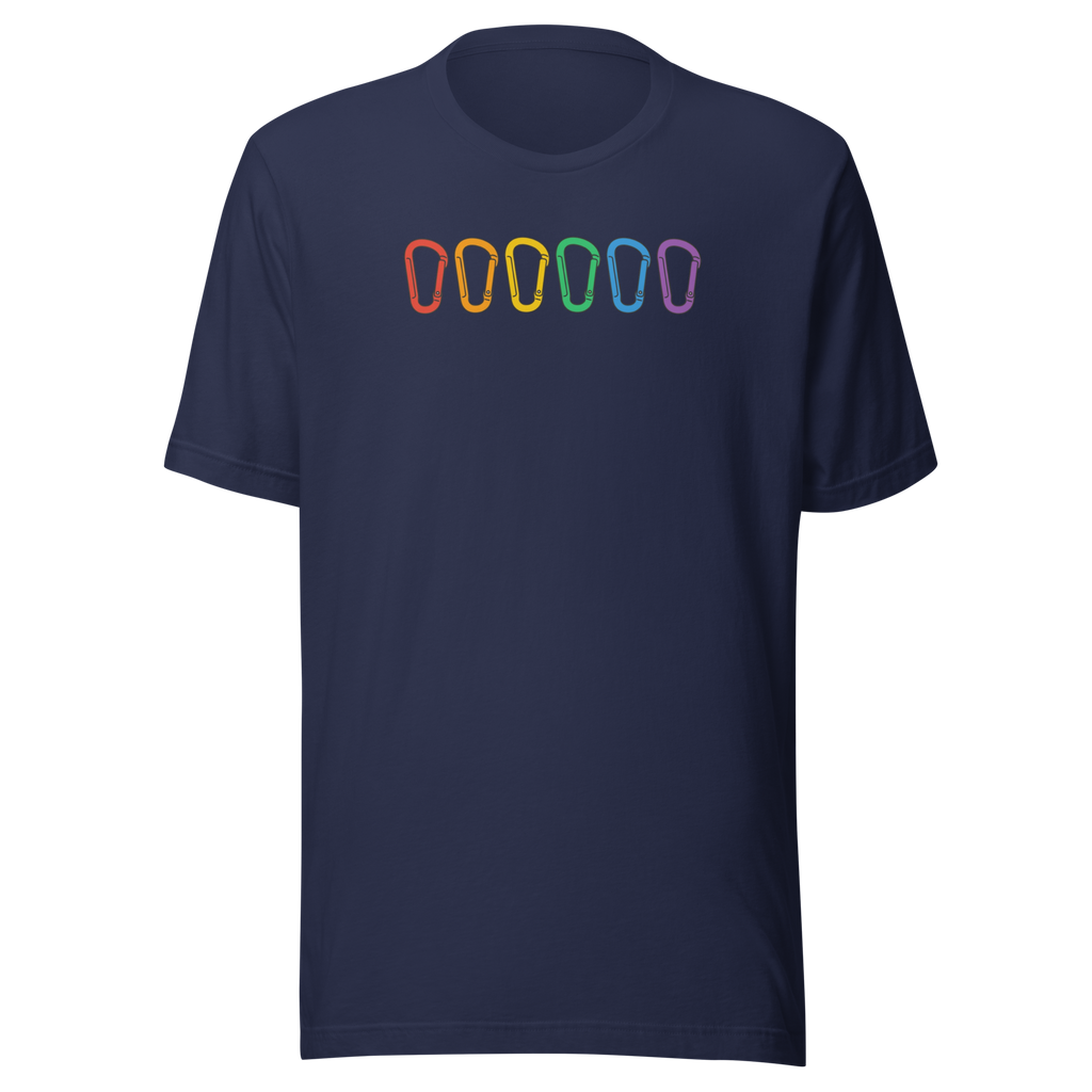 Six carabiners in the colors of the rainbow across the chest on navy blue Bella + Canvas cotton tee. Unisex.