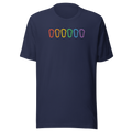 Six carabiners in the colors of the rainbow across the chest on navy blue Bella + Canvas cotton tee. Unisex.