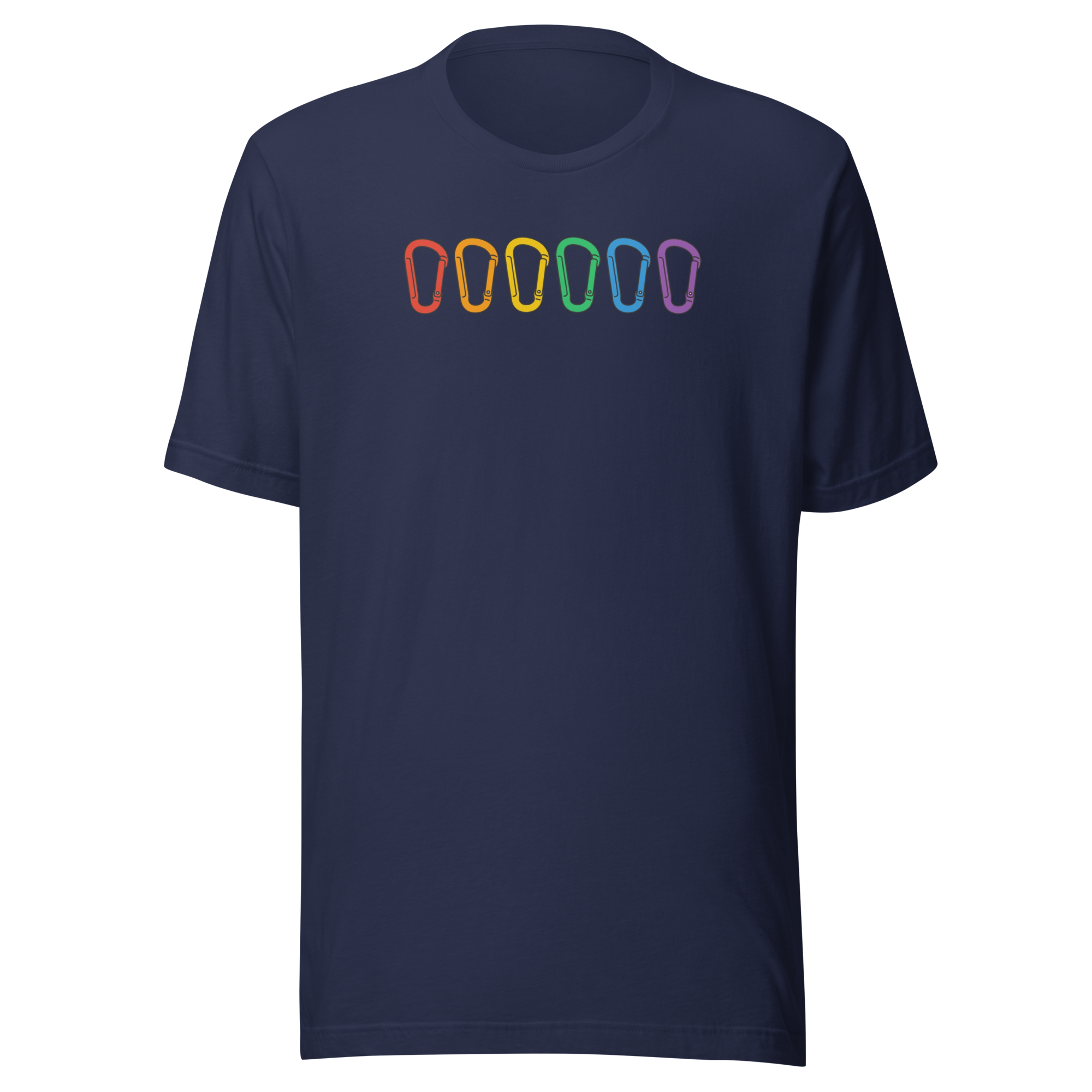 Six carabiners in the colors of the rainbow across the chest on navy blue Bella + Canvas cotton tee. Unisex.