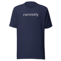 Currently in clean bold font, white ink, printed on Bella + Canvas cotton navy blue tshirt.  high Center chest