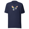 Rainbow flying eagle tshirt on soft Bella + Canvas unisex navy cotton. Center chest