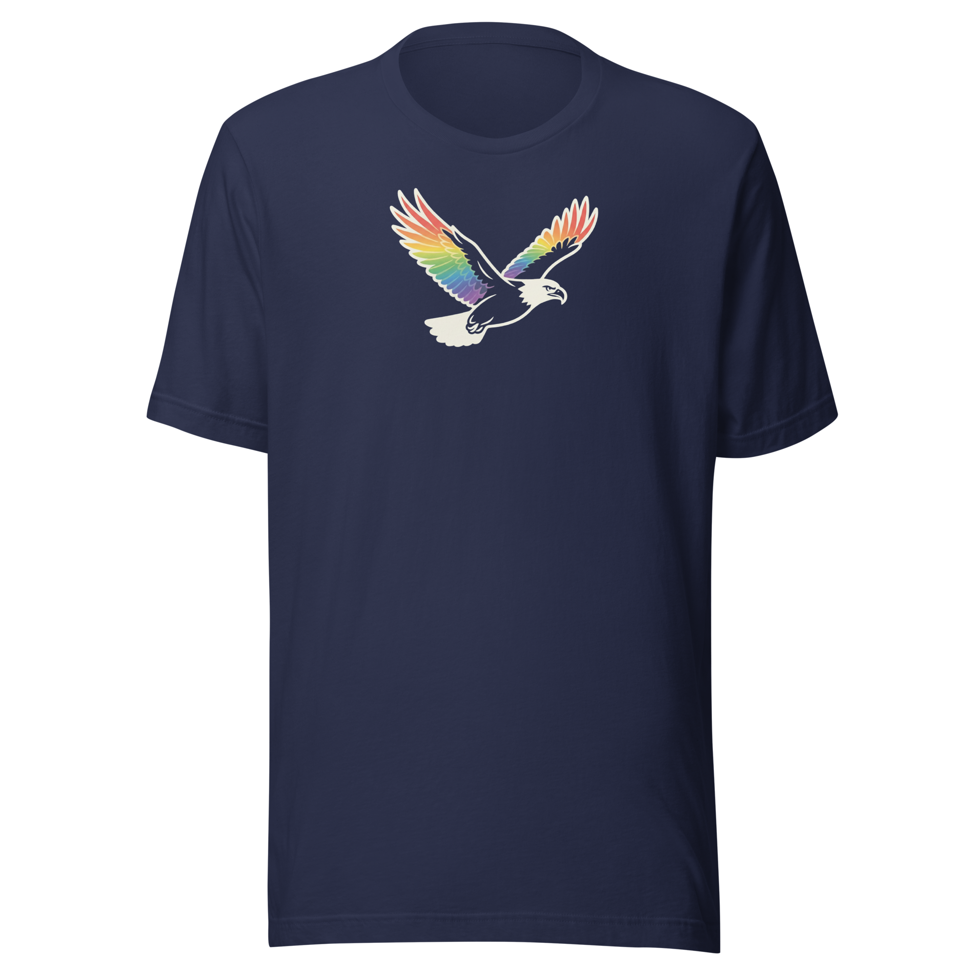 Rainbow flying eagle tshirt on soft Bella + Canvas unisex navy cotton. Center chest
