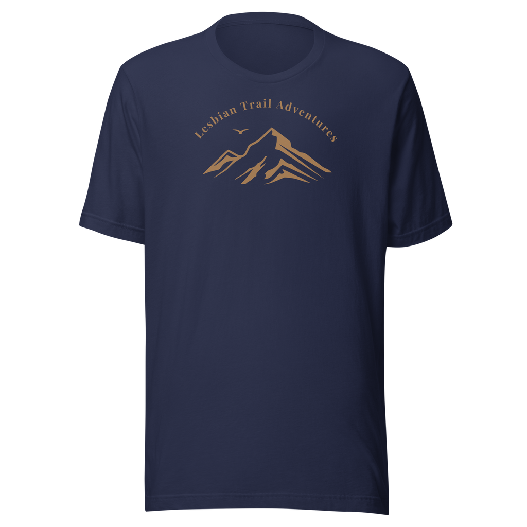 Lesbian Trail Adventures minimal typography arc that crowns a mountain silhouette. Bella + Canvas unisex navy blue cotton. 
