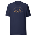Lesbian Trail Adventures minimal typography arc that crowns a mountain silhouette. Bella + Canvas unisex navy blue cotton. 