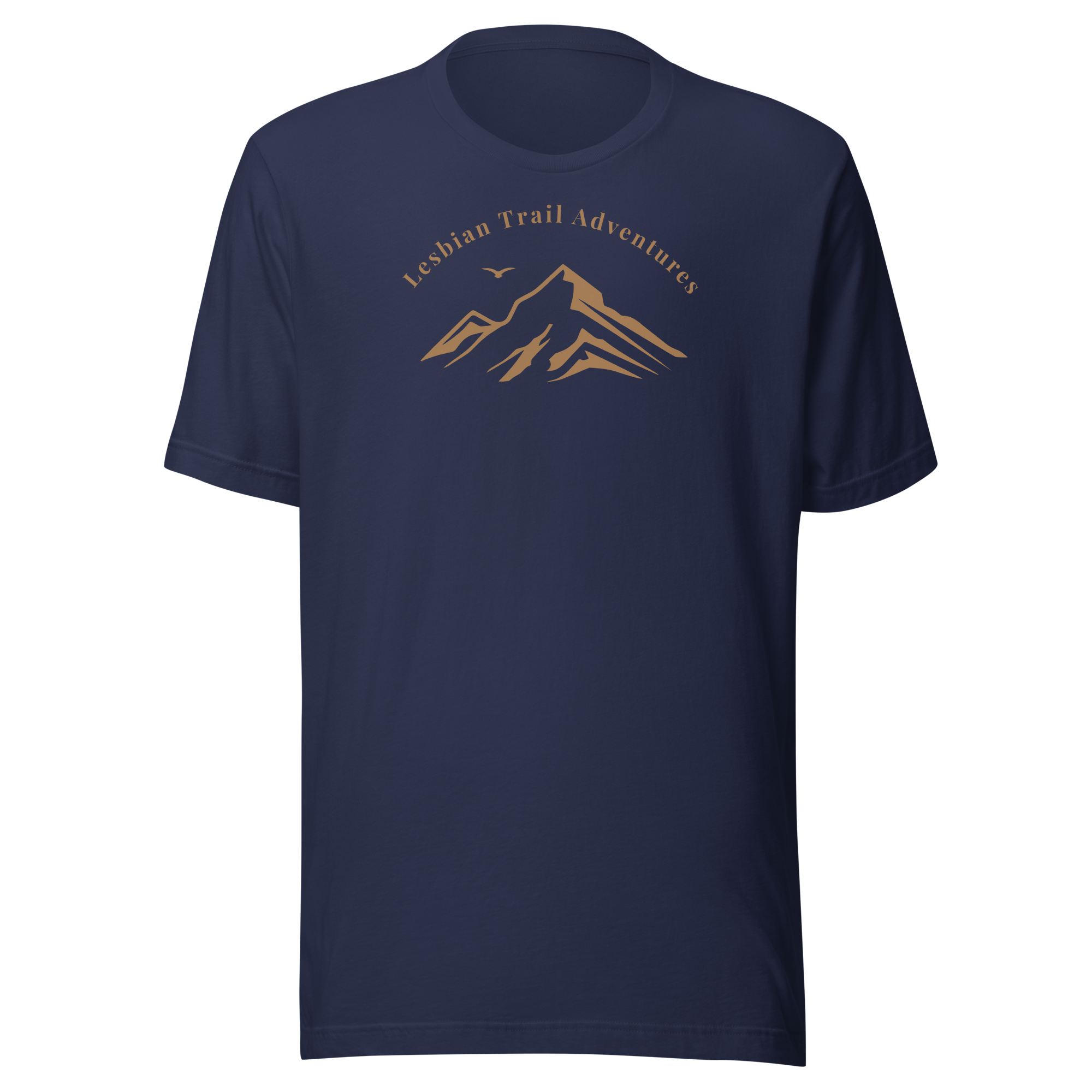 Lesbian Trail Adventures minimal typography arc that crowns a mountain silhouette. Bella + Canvas unisex navy blue cotton. 