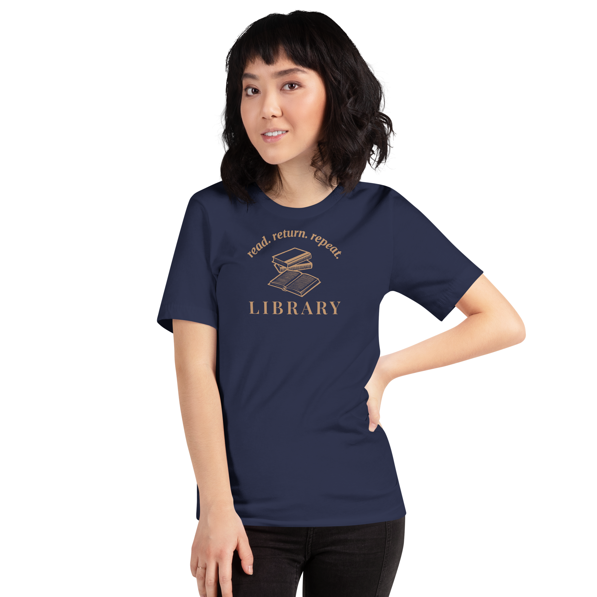 person wearing Library read return repeat badge style around books. Terra cotta ink on ocean blue unisex Bella + Canvas cotton shirt.