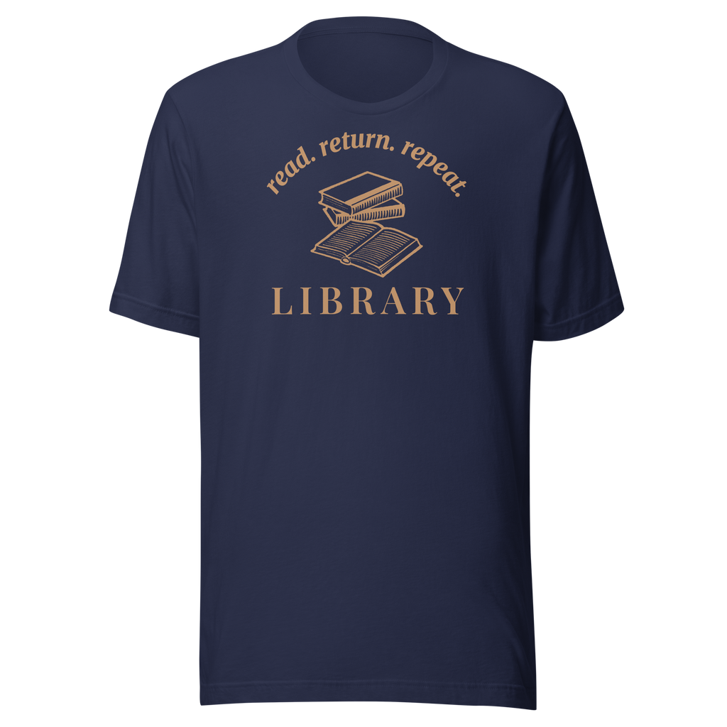 Library read return repeat badge style around books. Terra cotta ink on navy blue unisex Bella + Canvas cotton shirt.