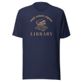 Library read return repeat badge style around books. Terra cotta ink on navy blue unisex Bella + Canvas cotton shirt.