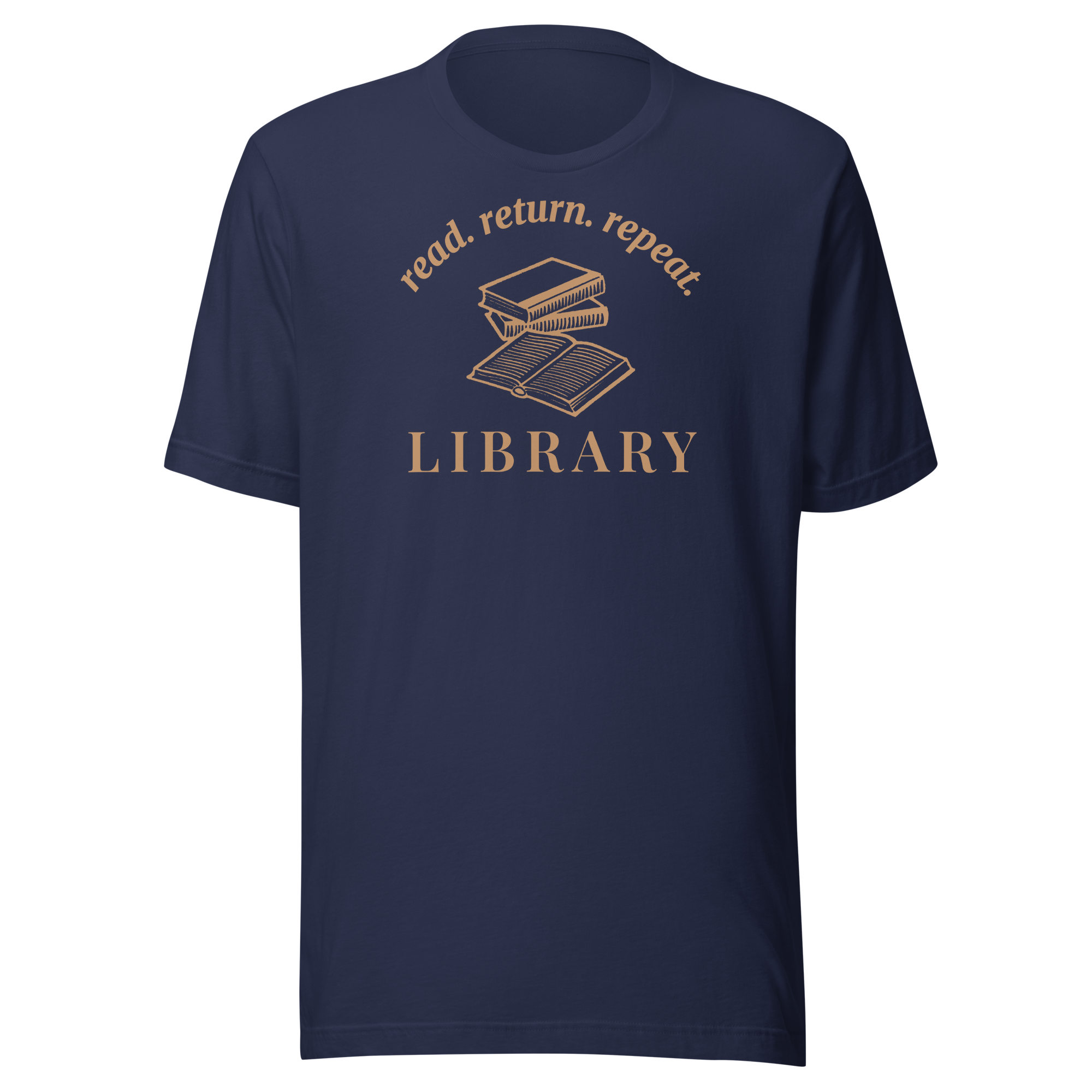 Library read return repeat badge style around books. Terra cotta ink on navy blue unisex Bella + Canvas cotton shirt.