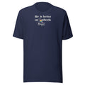 Minimalist off white typograpgy life is better on wheels with a small sihouette of a roller skate with LGBTQ+ laces. On navy unisex Bella + Canvas tee. High center chest