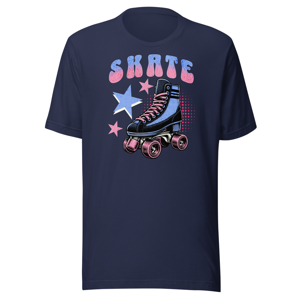 Skate in retro typography in blue and pink above a classic quad skate also in blue and pink on navy bella + canvas unisex tee. 