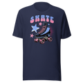 Skate in retro typography in blue and pink above a classic quad skate also in blue and pink on navy bella + canvas unisex tee. 