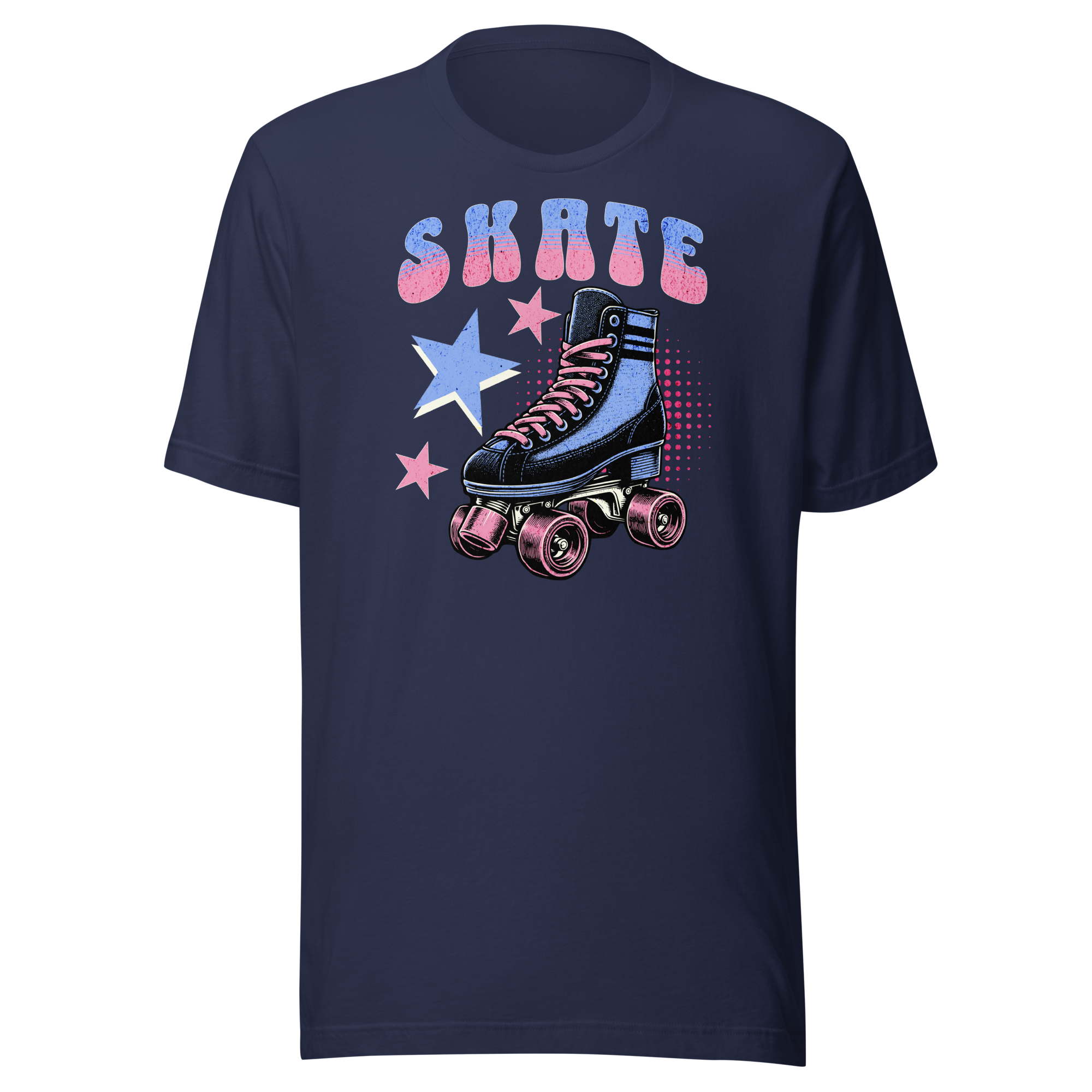 Skate in retro typography in blue and pink above a classic quad skate also in blue and pink on navy bella + canvas unisex tee. 