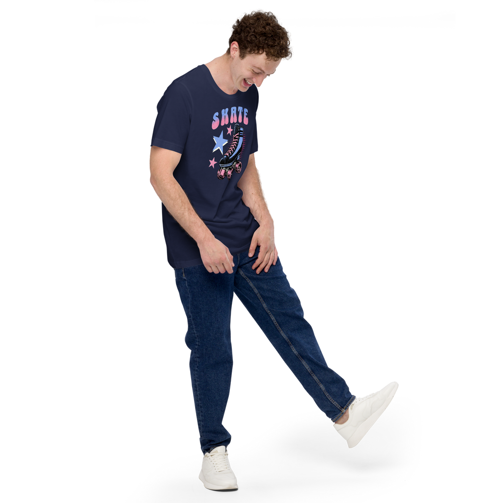 Model wearing skate in retro typography in blue and pink above a classic quad skate also in blue and pink on navy bella + canvas unisex tee. 