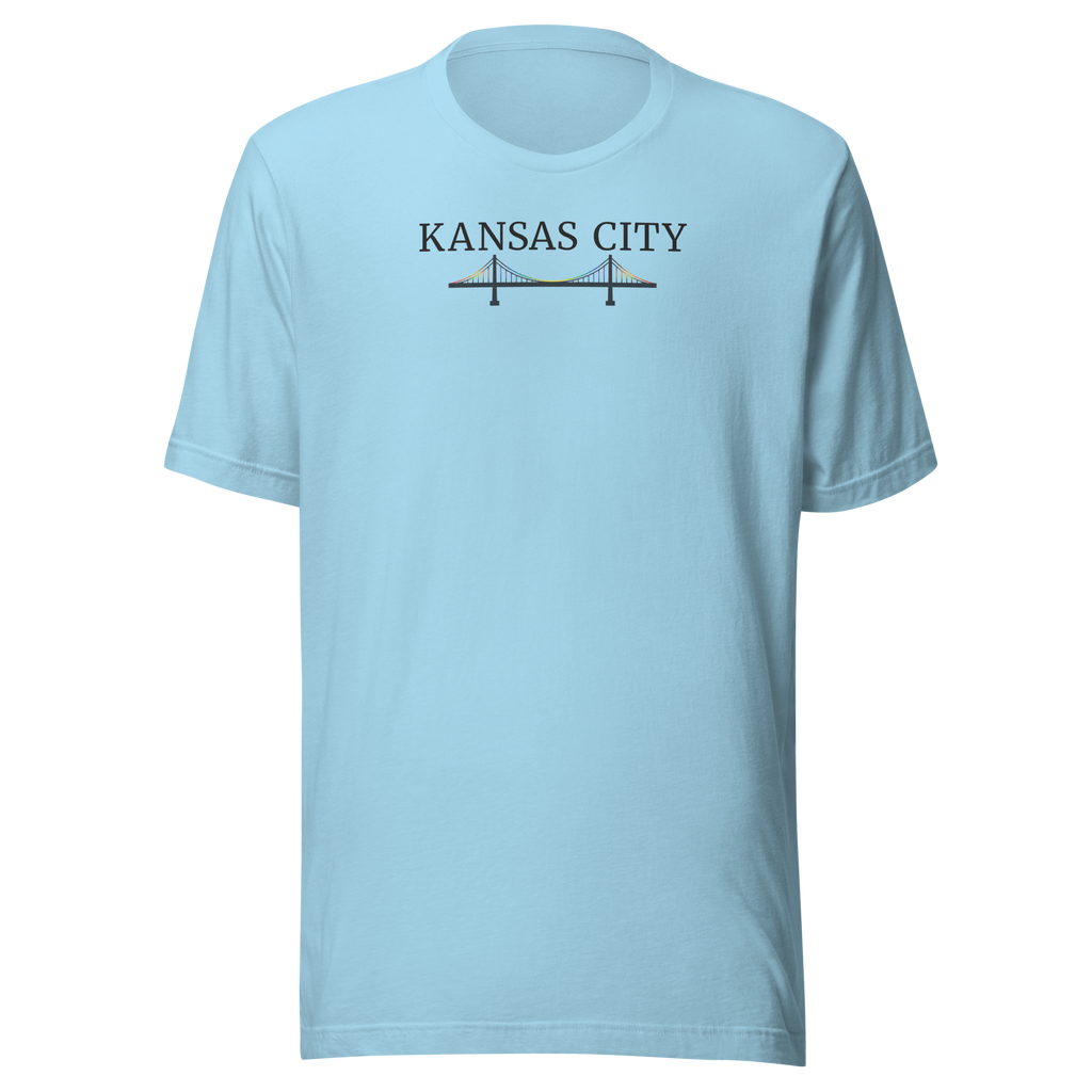 Kansas City typography above a rainbow bridge on unisex cotton Bella + Canvas shirt. Center chest ocean blue