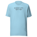 Kansas City typography above a rainbow bridge on unisex cotton Bella + Canvas shirt. Center chest ocean blue