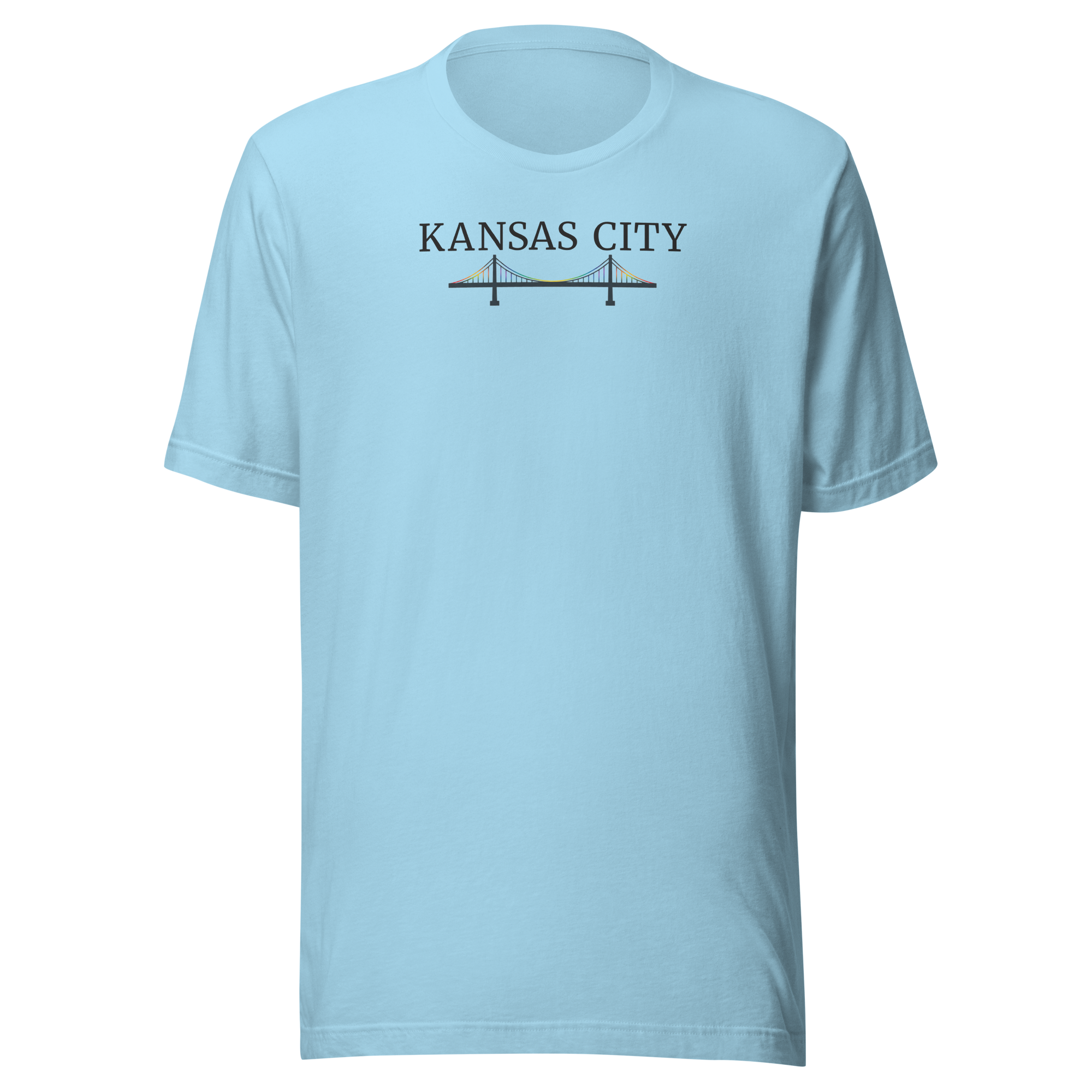 Kansas City typography above a rainbow bridge on unisex cotton Bella + Canvas shirt. Center chest ocean blue