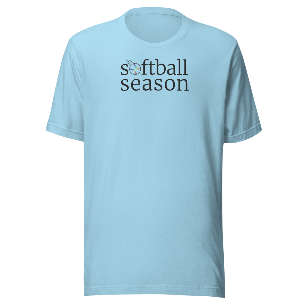 Minimalist typography "softball season" with the O replaced by a rainbow softball graphic. Off black ink on unisex  Bella + Canvas cotton ocean blue shirt. Center chest