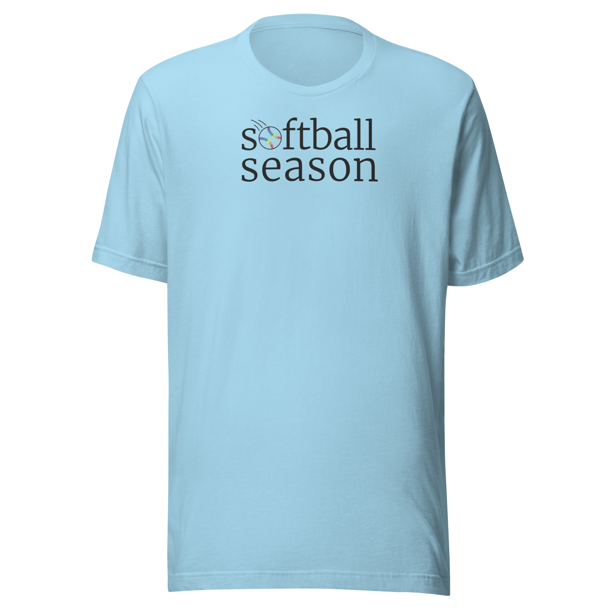Minimalist typography "softball season" with the O replaced by a rainbow softball graphic. Off black ink on unisex  Bella + Canvas cotton ocean blue shirt. Center chest