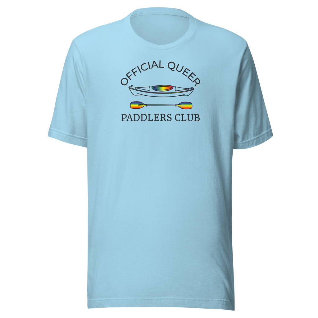 Official Queer Paddlers Club minimal typography  center chest badge style.  Rainbow kayak center graphic.  Bella + Canvas unisex ocean blue cotton. 