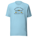 Official Queer Paddlers Club minimal typography  center chest badge style.  Rainbow kayak center graphic.  Bella + Canvas unisex ocean blue cotton. 