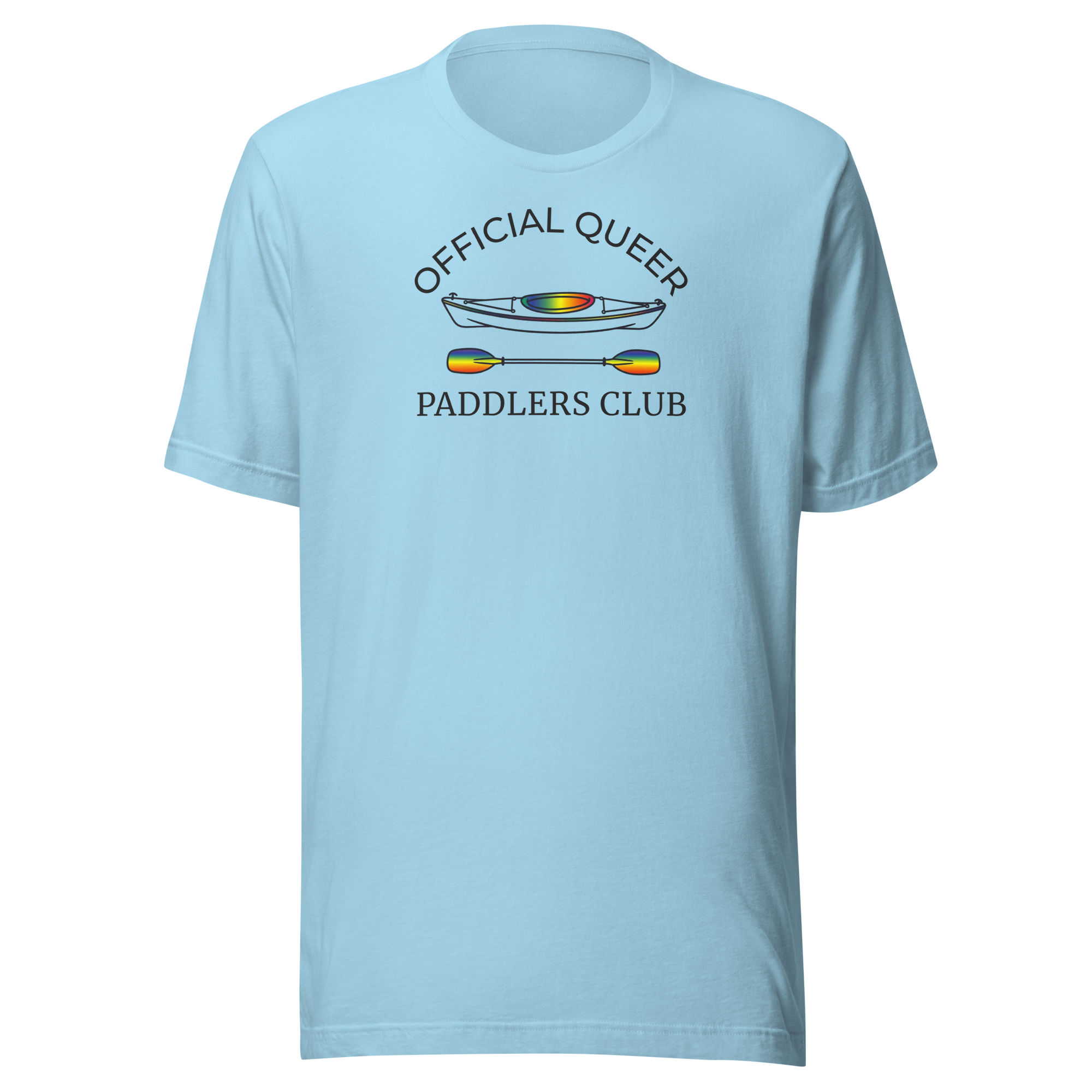 Official Queer Paddlers Club minimal typography  center chest badge style.  Rainbow kayak center graphic.  Bella + Canvas unisex ocean blue cotton. 
