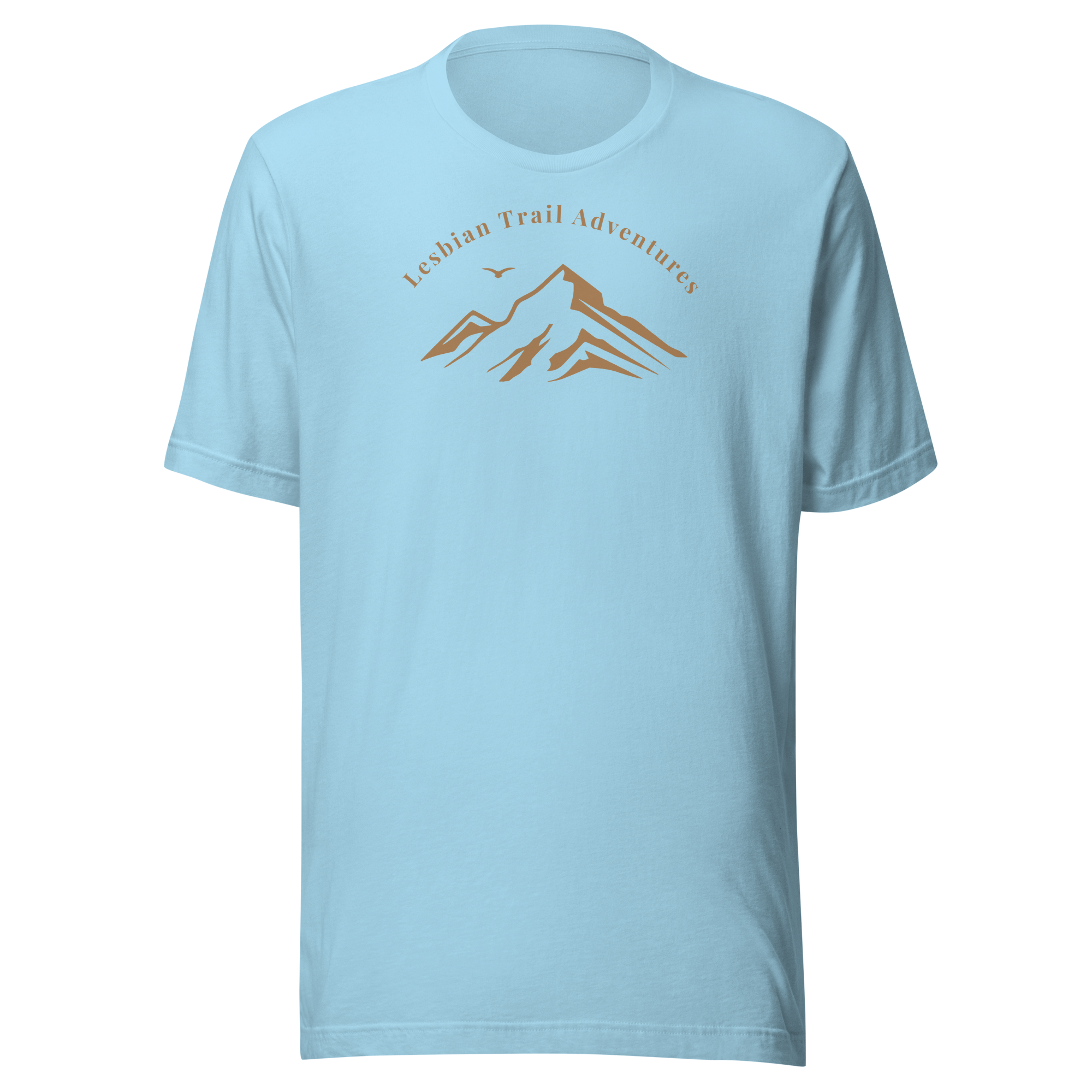 Lesbian Trail Adventures minimal typography arc that crowns a mountain silhouette. Bella + Canvas unisex ocean blue cotton. 