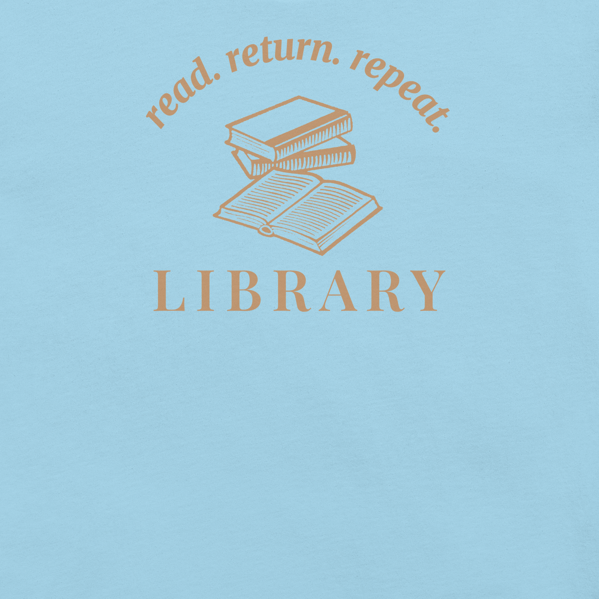 Library read return repeat badge style around books. Terra cotta ink on ocean blue unisex Bella + Canvas cotton shirt. Closeup. 