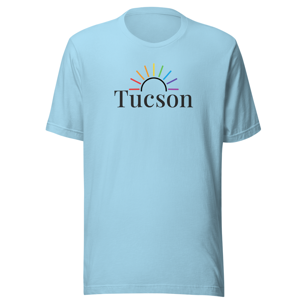 Tucson tee subtle rainbow sun arc. Premium Bella + Canvas unisex cotton for locals and travelers who love the desert vibe and everyday comfort. Ocean blue cotton. Center chest