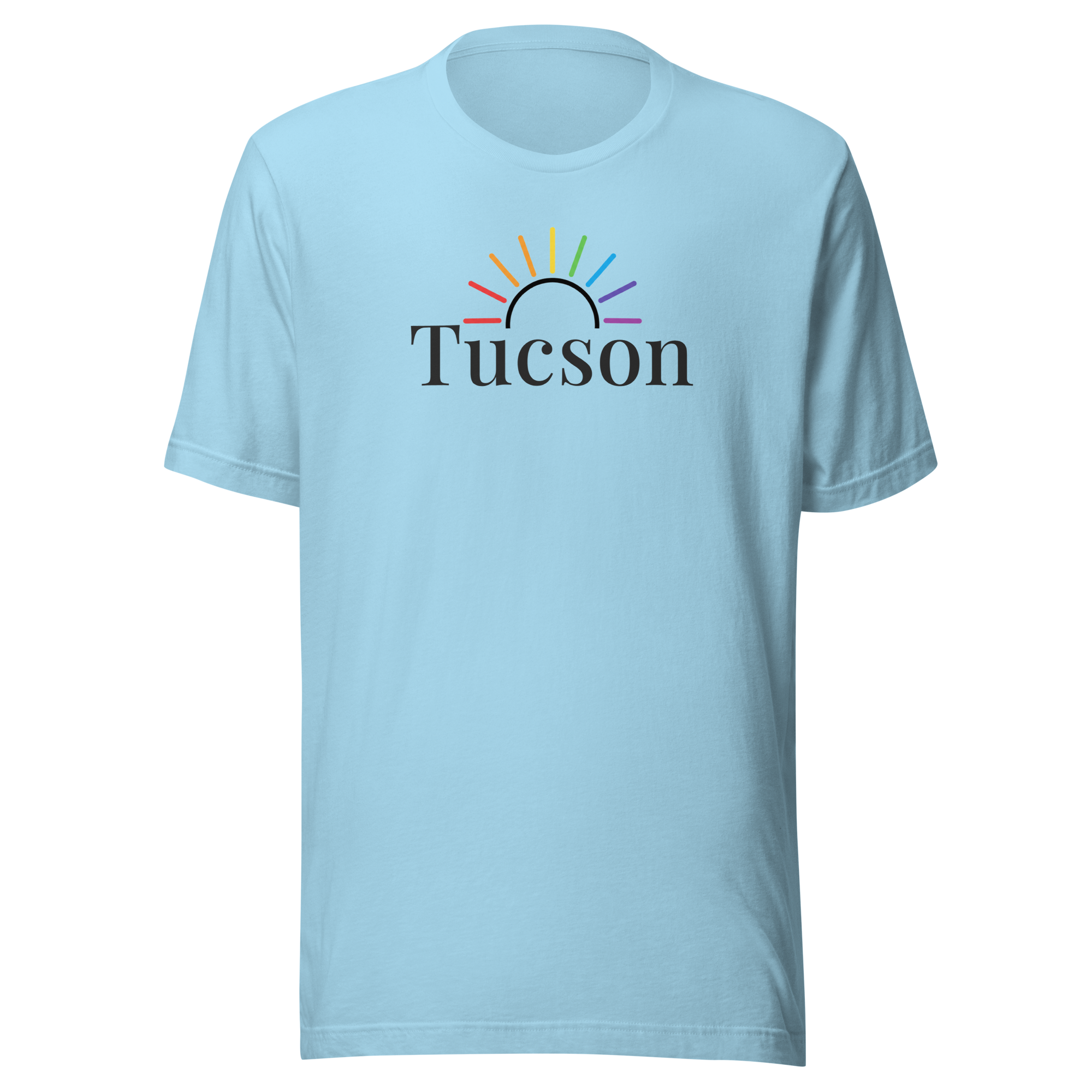 Tucson tee subtle rainbow sun arc. Premium Bella + Canvas unisex cotton for locals and travelers who love the desert vibe and everyday comfort. Ocean blue cotton. Center chest