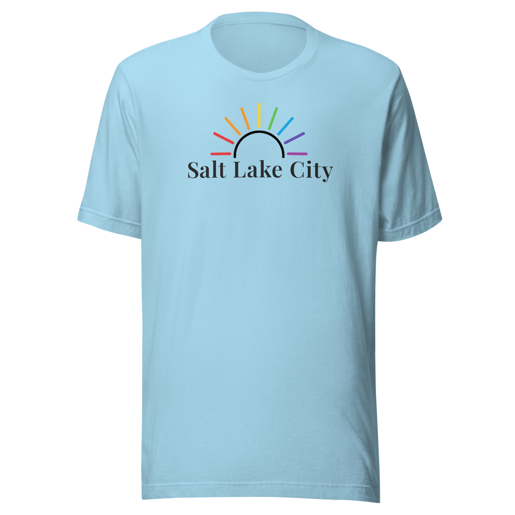 Rainbow sun arc above Salt Lake City typography on soft Bella + Canvas unisex shirt. Ocean blue cotton, center chest