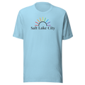 Rainbow sun arc above Salt Lake City typography on soft Bella + Canvas unisex shirt. Ocean blue cotton, center chest
