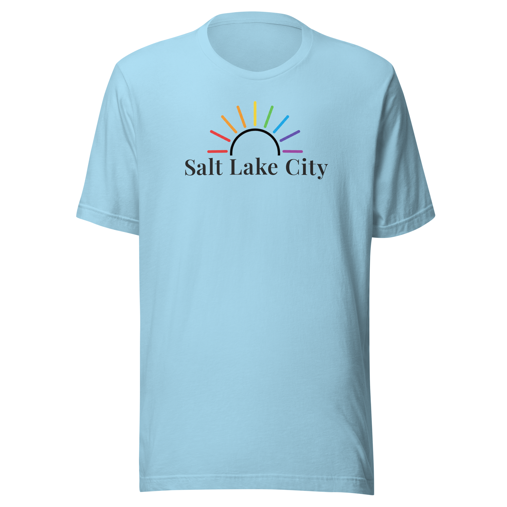 Rainbow sun arc above Salt Lake City typography on soft Bella + Canvas unisex shirt. Ocean blue cotton, center chest
