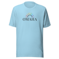 Rainbow sun arc over OMAHA typography. Center chest on soft unisex Bella + Canvas ocean blue cotton shirt. 