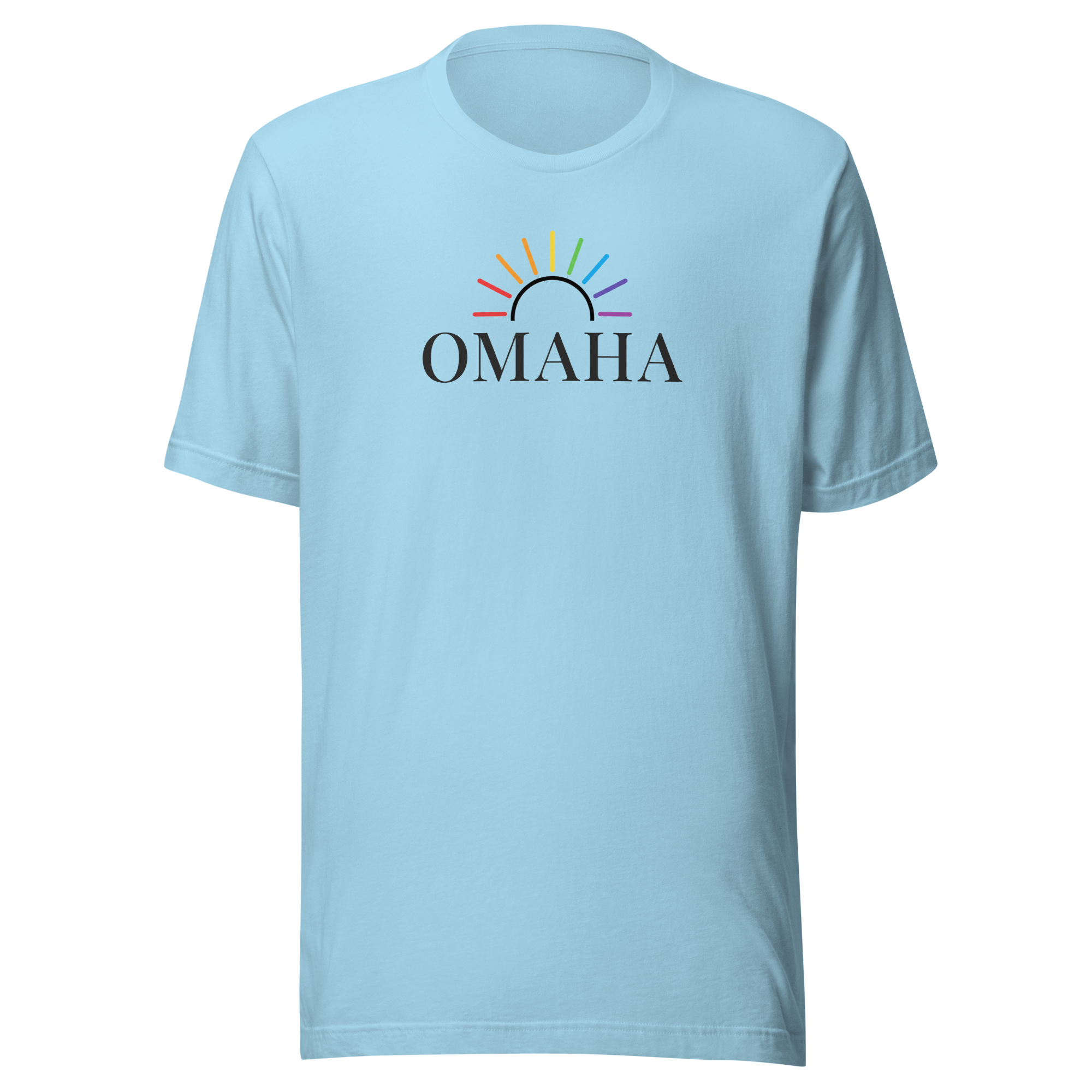 Rainbow sun arc over OMAHA typography. Center chest on soft unisex Bella + Canvas ocean blue cotton shirt. 