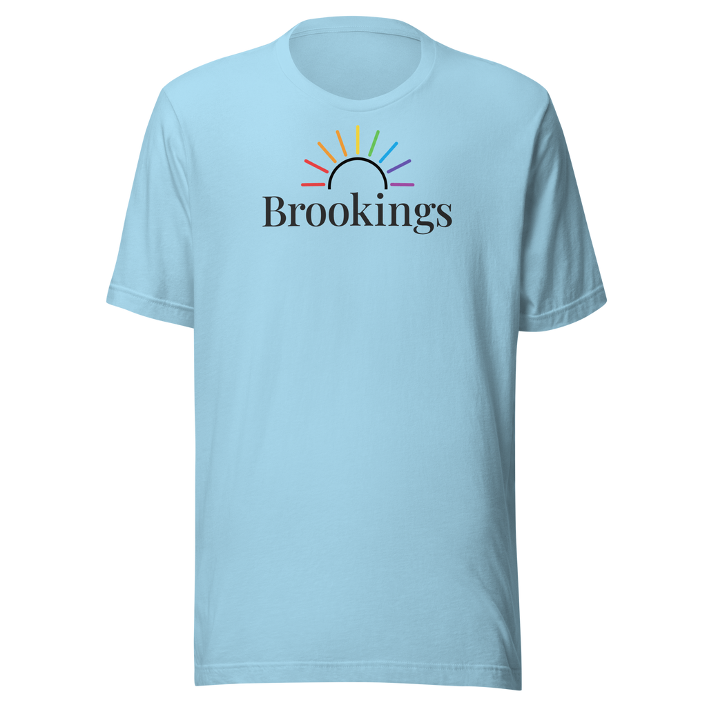 Brookings typography under rainbow sun arc on soft, unisex Bella + Canvas tshirt. Center Chest, ocean blue cotton