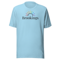 Brookings typography under rainbow sun arc on soft, unisex Bella + Canvas tshirt. Center Chest, ocean blue cotton