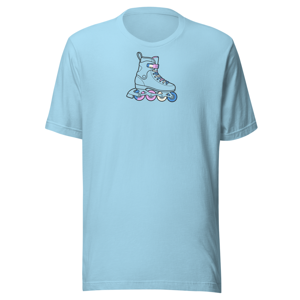 High Center chest inline skate graphic. Minimalist line drawing outline with the laces and wheels in  trans Blue, pink, and white. Soft unisex Bella Canvas blue cotton. 