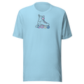 High Center chest inline skate graphic. Minimalist line drawing outline with the laces and wheels in  trans Blue, pink, and white. Soft unisex Bella Canvas blue cotton. 