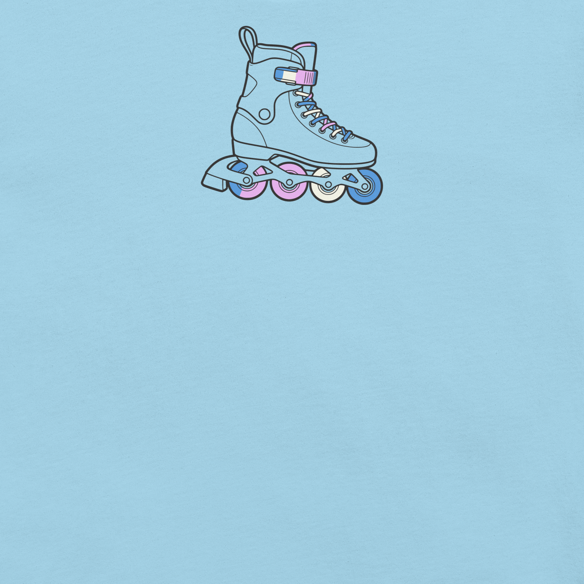 Close up. High Center chest inline skate graphic. Minimalist line drawing outline with the laces and wheels in  trans Blue, pink, and white. Soft unisex Bella Canvas blue cotton. 