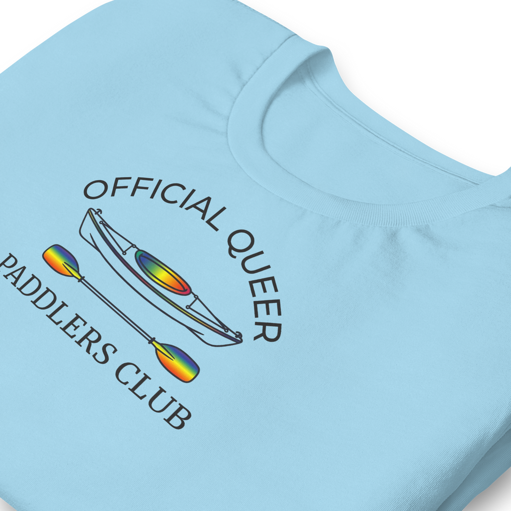 Official Queer Paddlers Club minimal typography  center chest badge style.  Rainbow kayak center graphic.  Bella + Canvas unisex ocean blue cotton. 