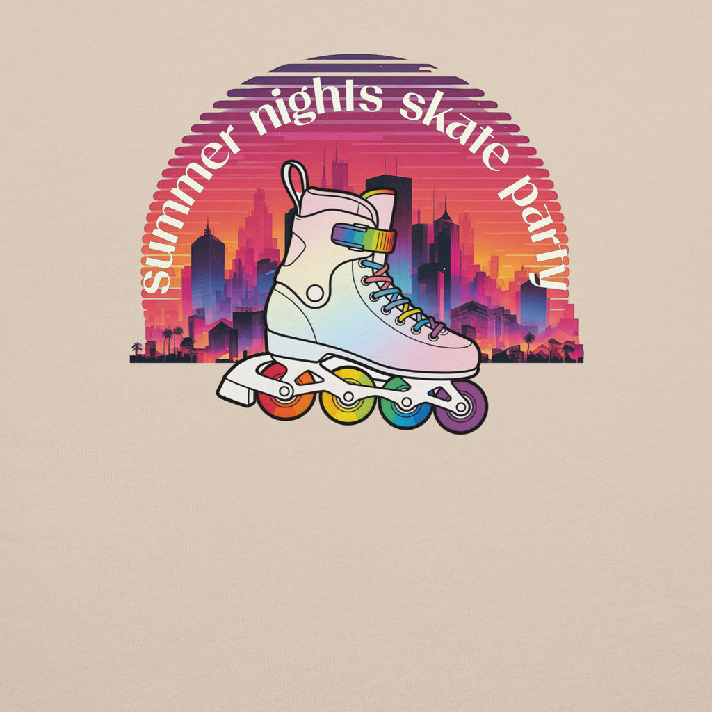 Closeup of colorful skyline at sunset with inline skate in LGBTQ+ rainbow colors. Back and left sleeve print on unisex Bella + Canvas cotton.  