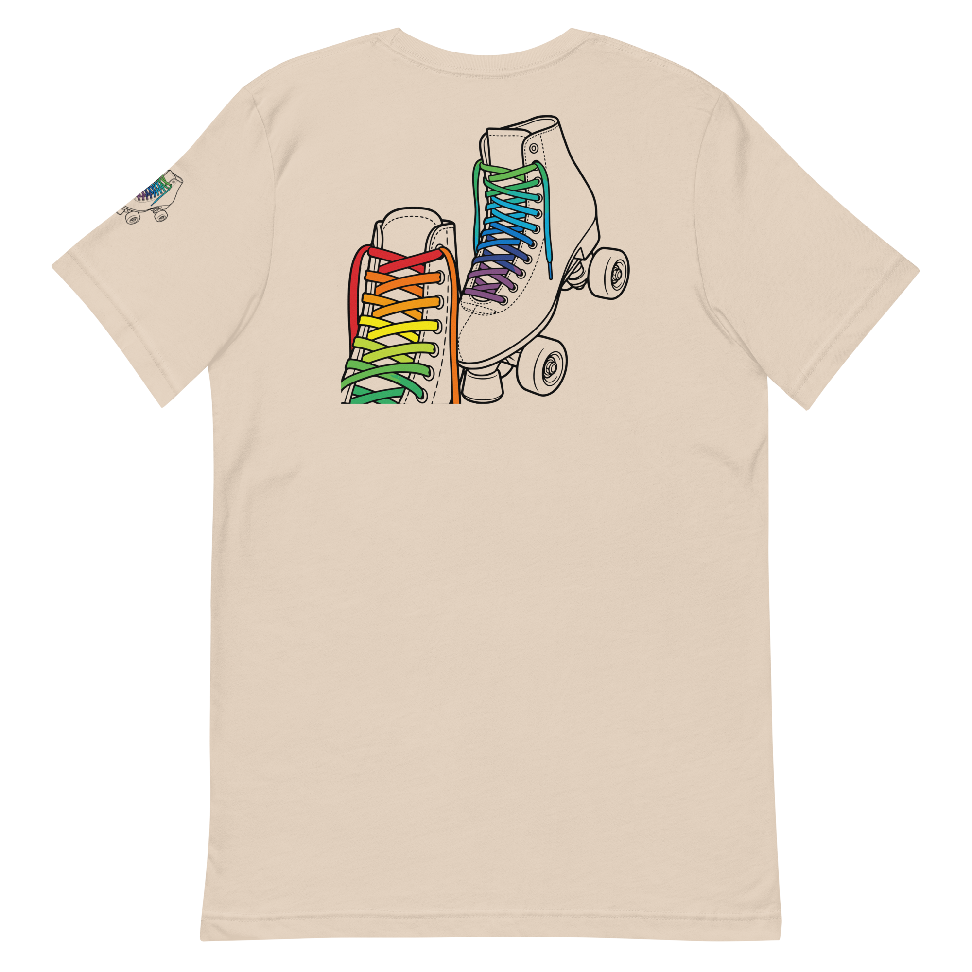 Beige shirt with outline of 2 quad skates with LGBTQ+ rainbow laces. Printed on back and same design on left sleeve. Bella + canvas unisex cotton