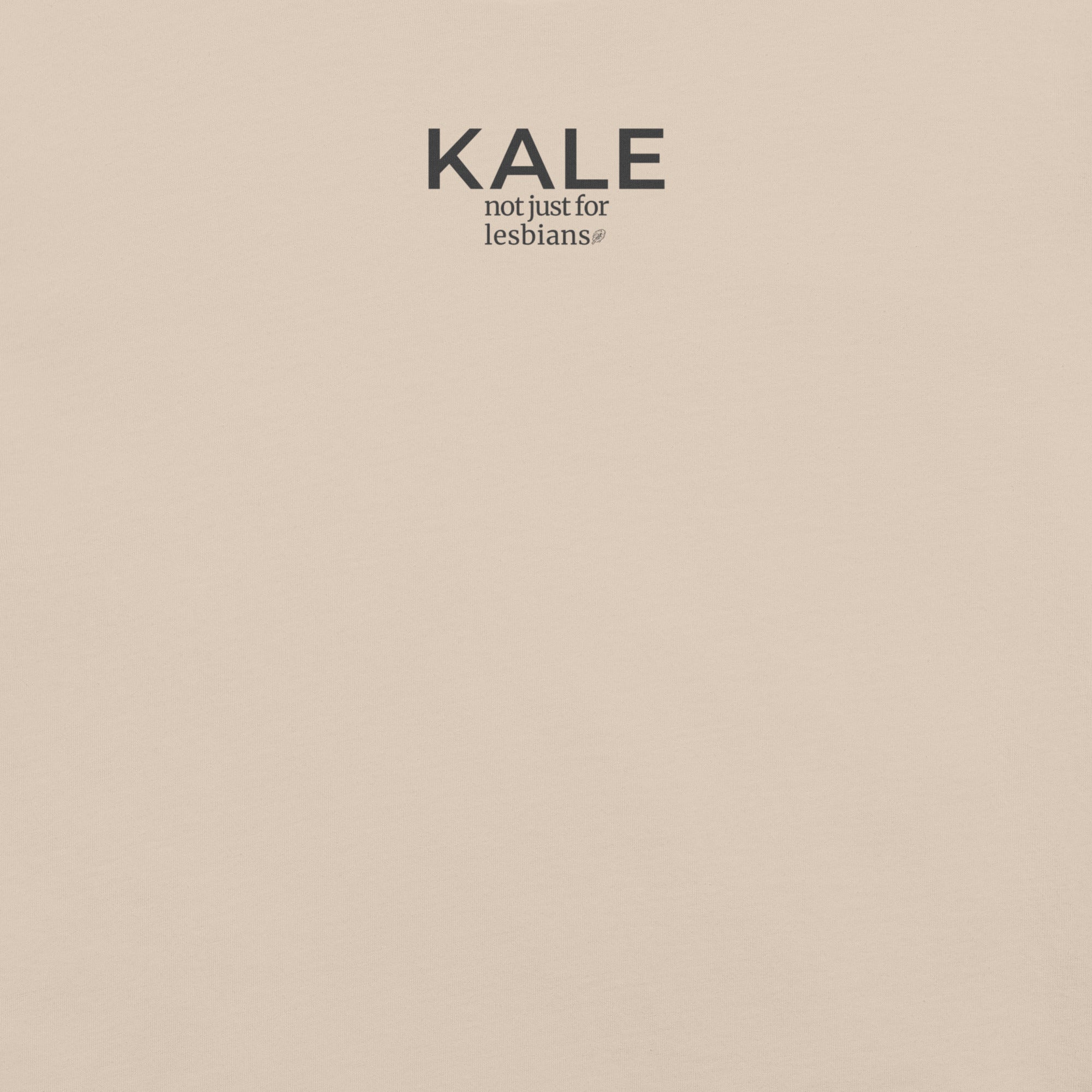 zoomed in Unisex Bella + Canvas soft cream cotton t-shirt. Kale not just for lesbians black ink on front, tiny kale leaf graphic
