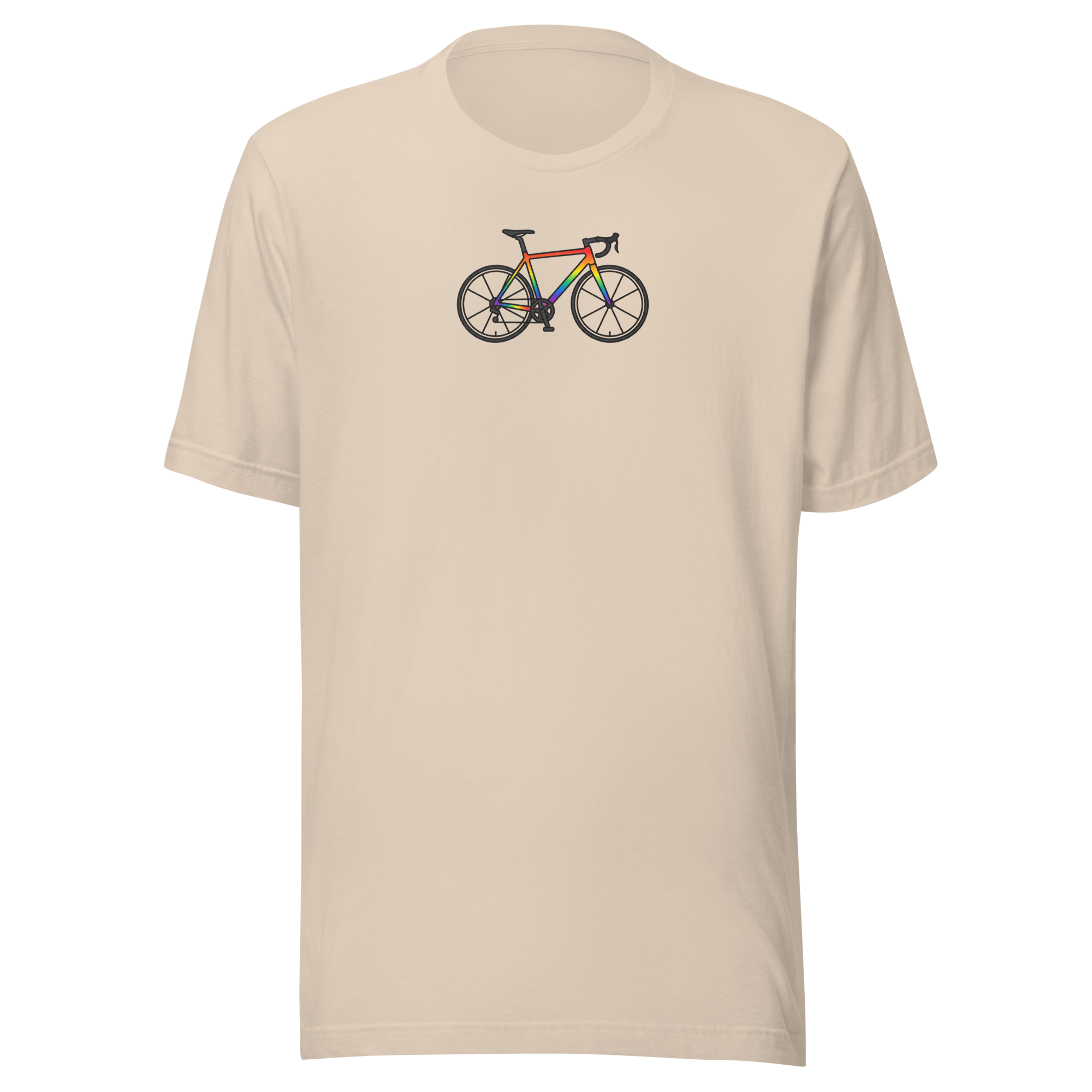 Minimal rainbow bike upper center chest on Bella + Canvas Soft Cream cotton. Unisex t-shirt