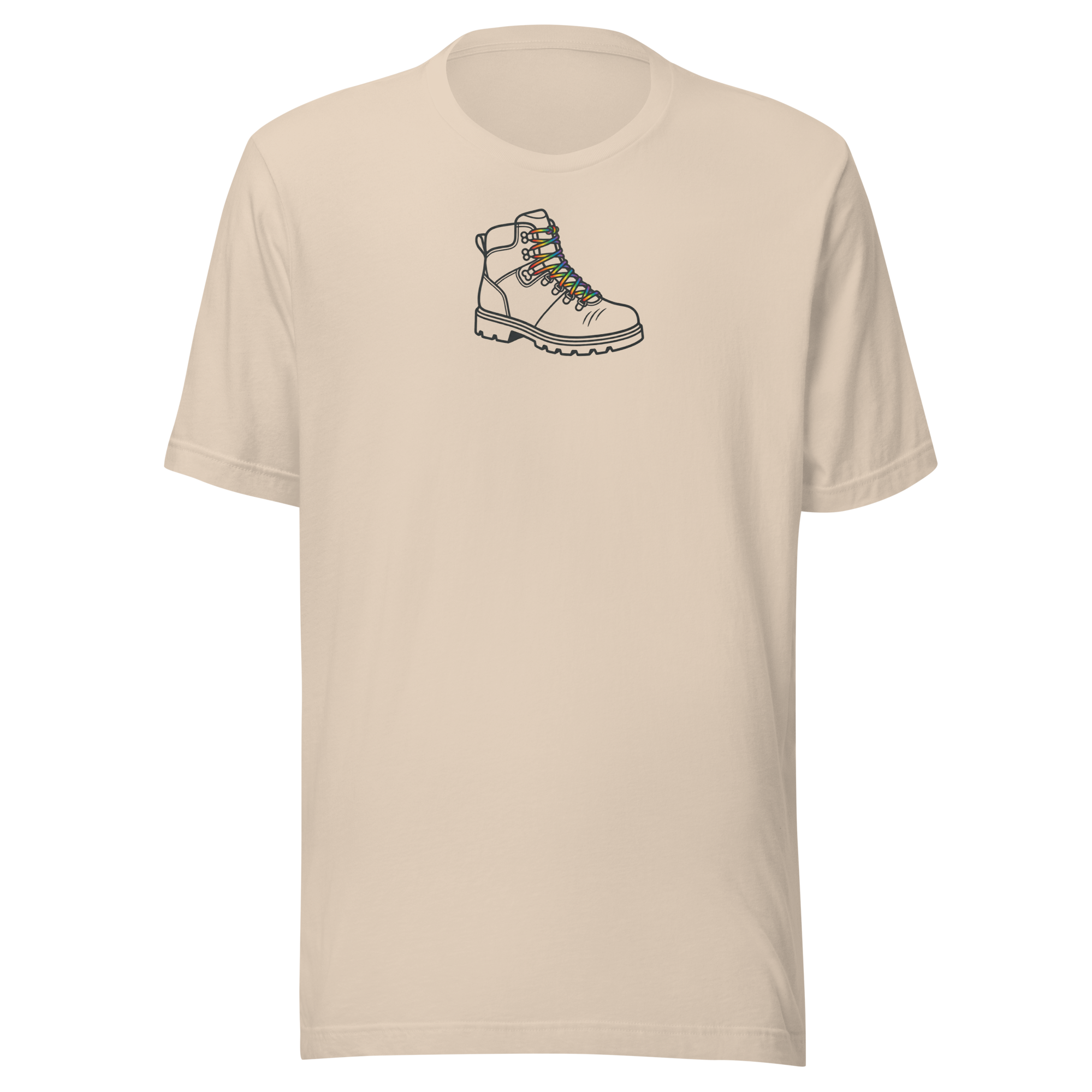 Minimalist Rainbow Hiking boot, upper center chest on Bella + Canvas soft cream cotton unisex tshirt. 