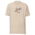 Queer Forager next to rainbow mushroom on Bella + Canvas soft cream cotton unisex t-shirt. Upper center chest